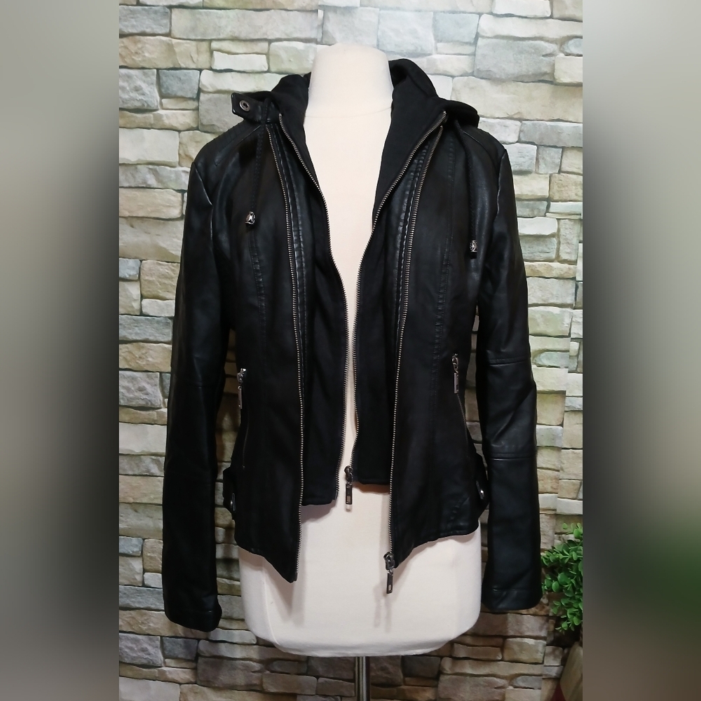 Made By Johnny Faux Leather Moto Jacket Removable Hood Insert - Picture 4 of 7
